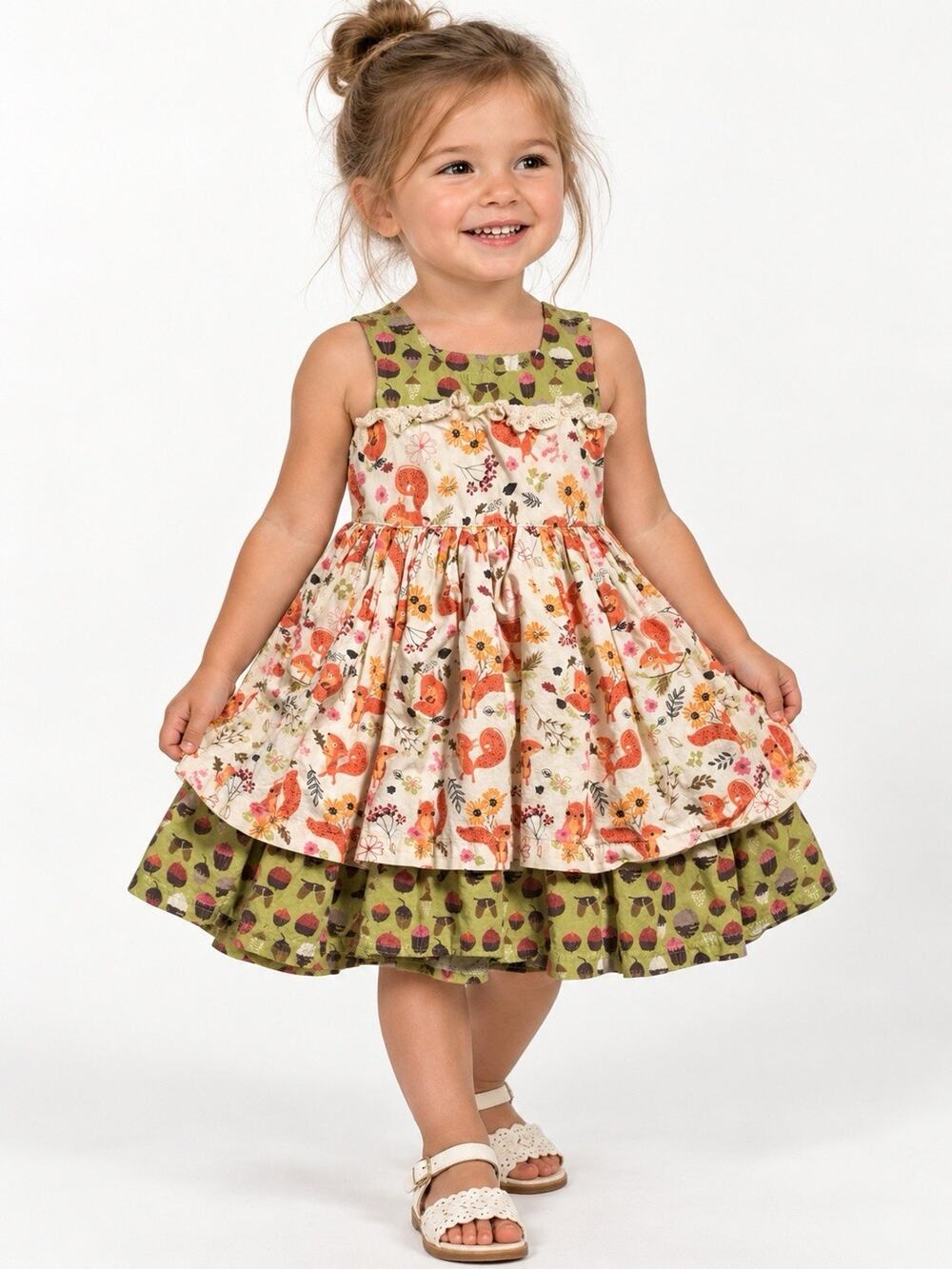 Little Miss Matched Girls 2T Squirrel Acorn Floral Layered Dress Cotton Fall
